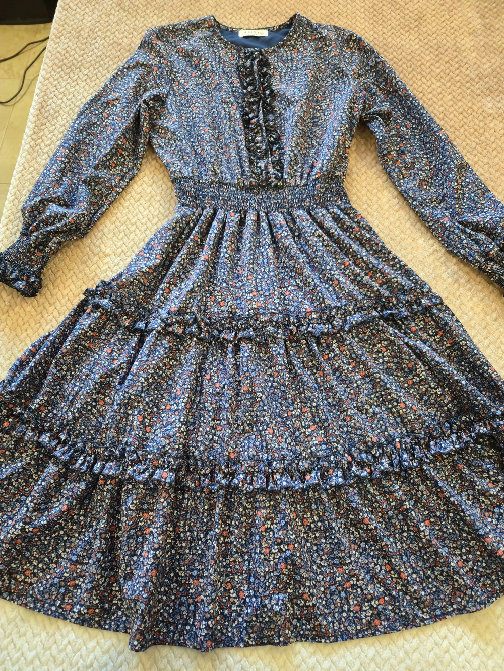 Adina Las Vegas Blue Floral Cottagecore Prairie Smocked Ruffle Midi Dress L - Picture 4 of 15